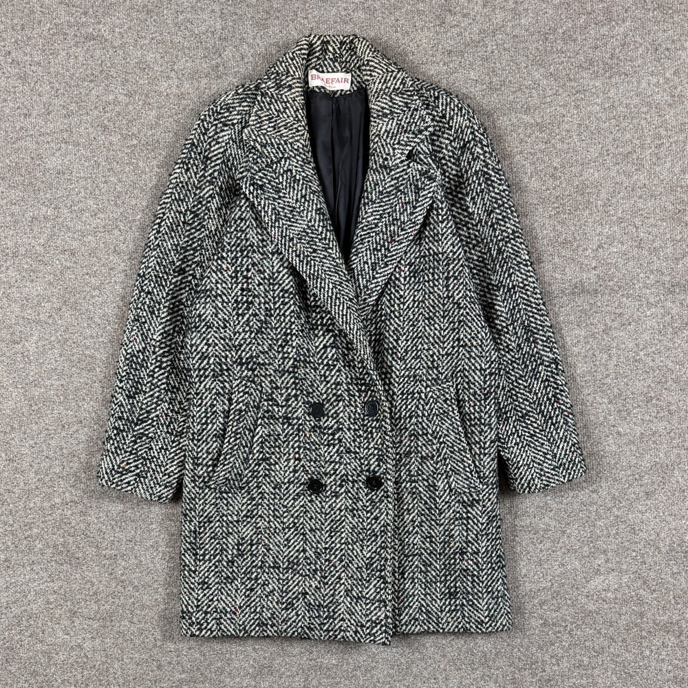 Vintage Herringbone Double Breasted Wool Pea Coat Mid Length Overcoat Womens M/L